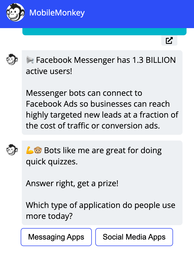 Exemplu de chatbot MobileMonkey