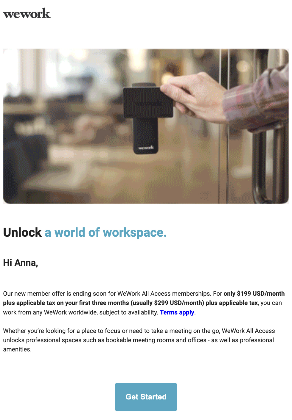 WeWork 促銷電子郵件示例