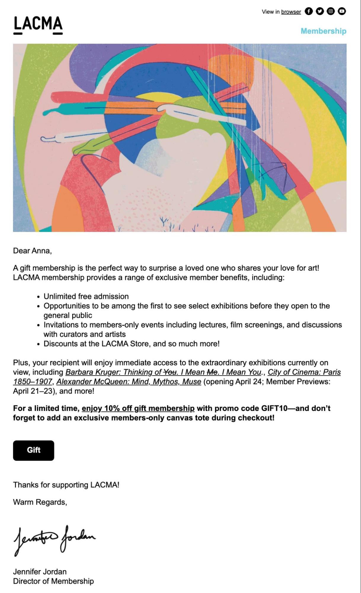 Exemplo de e-mail promocional do LACMA