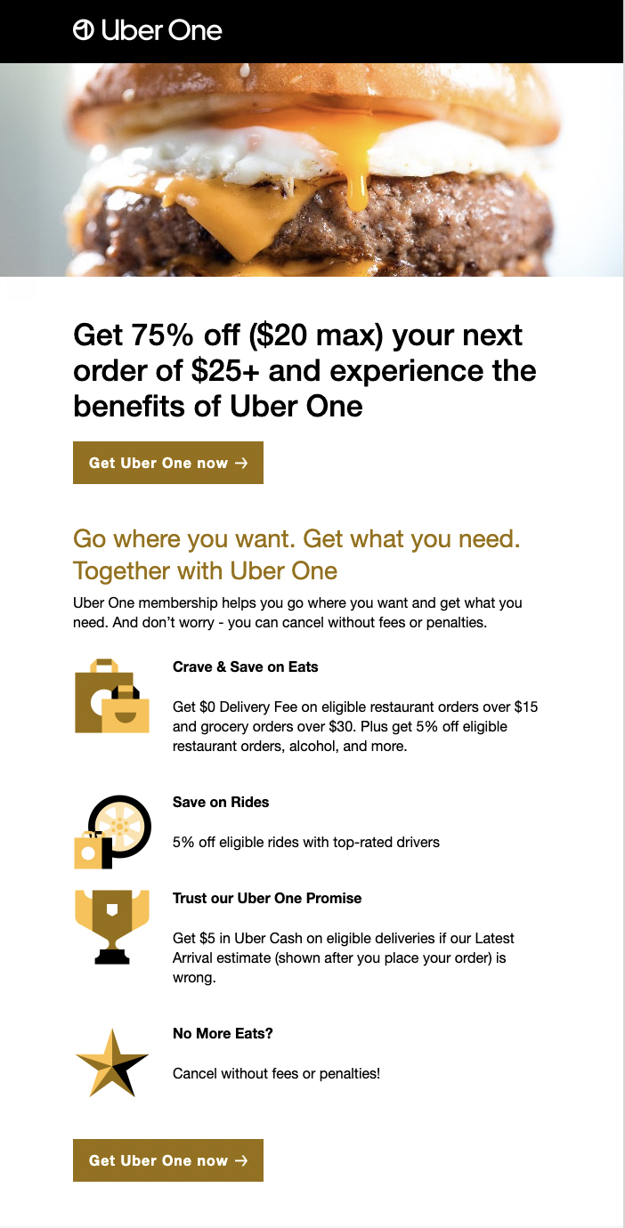 Uber One 促銷電子郵件示例