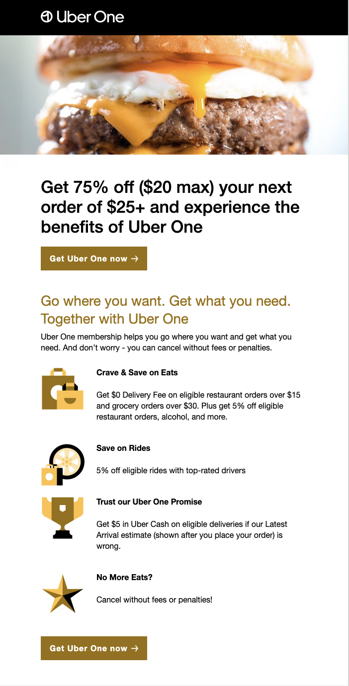 Exemplo de e-mail promocional do Uber One