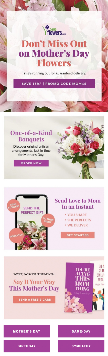 Exemplu de e-mail promoțional 1-800-Flowers.com
