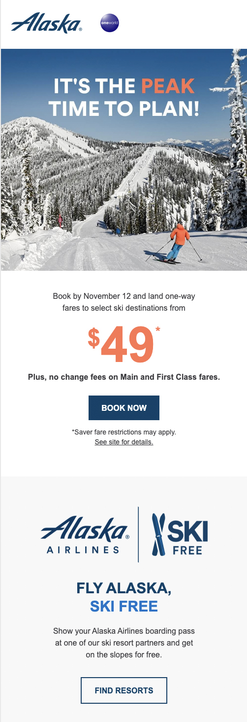البريد الإلكتروني الترويجي لشركة طيران ألاسكا
