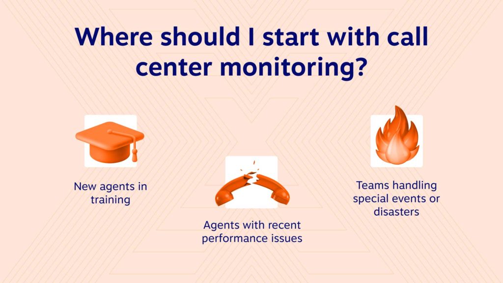 De unde ar trebui să încep cu monitorizarea centrului de apeluri? 1. Agenți noi în pregătire 2. Agenți cu probleme recente de performanță 3. Echipe care se ocupă de evenimente speciale sau dezastre