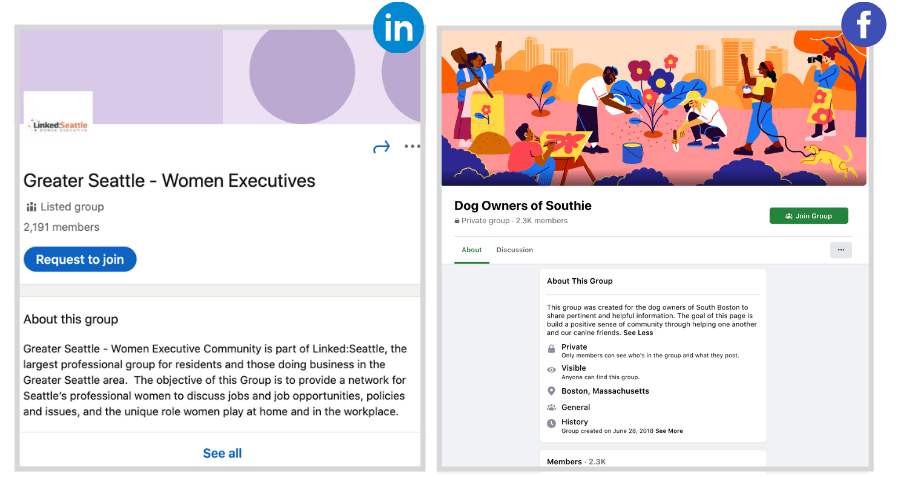 optimizaciones de redes sociales locales - ejemplos de grupos locales en facebook y linkedin