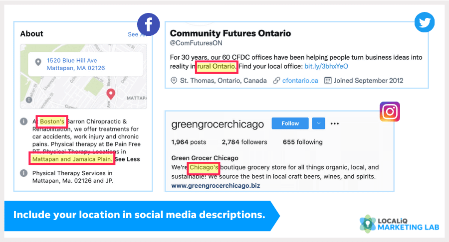 marketing des médias sociaux locaux - descriptions de profil avec mots-clés de localisation