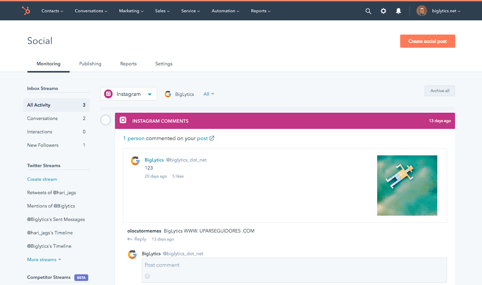 HubSpot 营销社交媒体管理工具