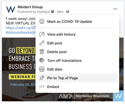 fixați-o-postare în partea de sus a paginii de Facebook a companiei