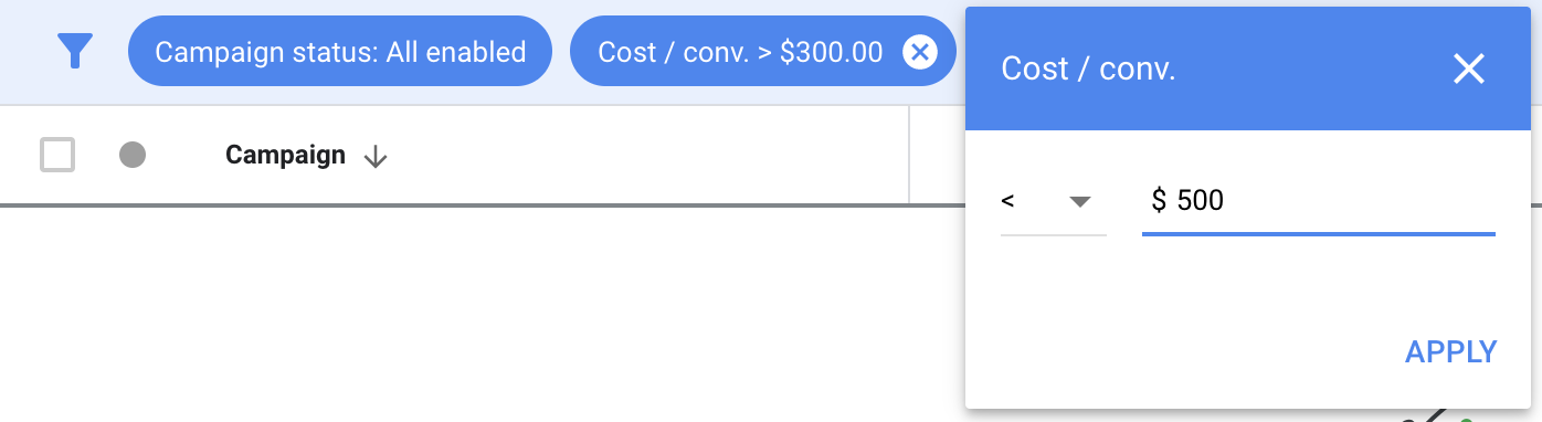 Impostazione di filtri per le offerte in diminuzione Script di Google Ads
