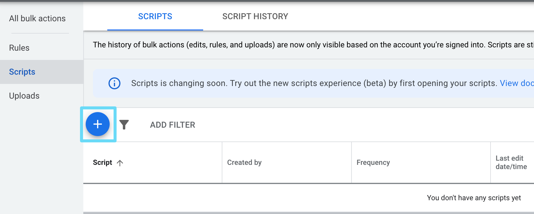 Individuazione Aggiunta di script di Google Ads