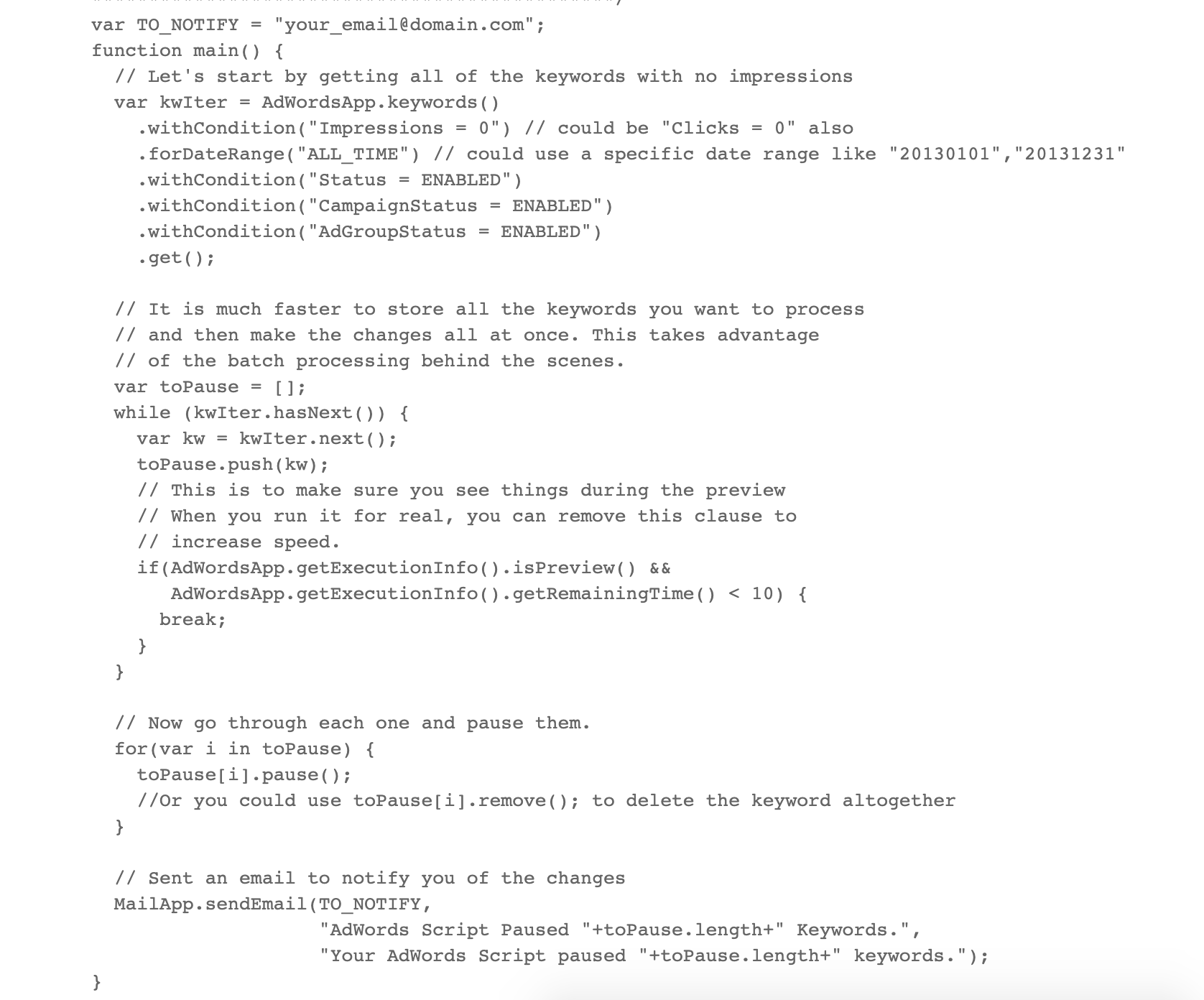 Zero impressioni metti in pausa lo script di Google Ads
