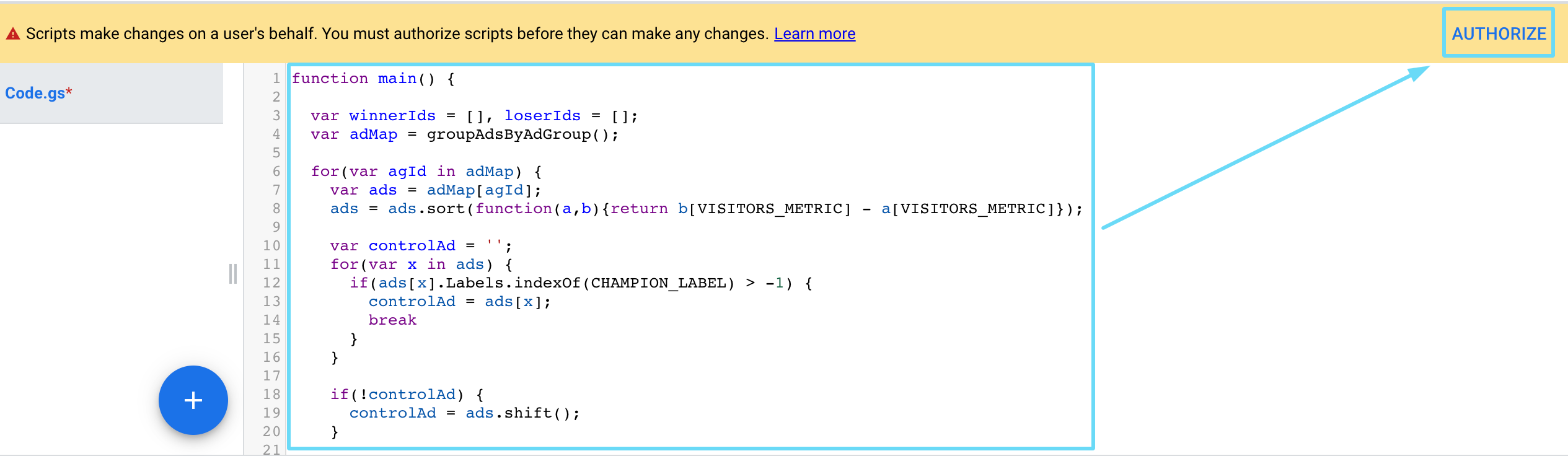Autorizza uno script di Google Ads