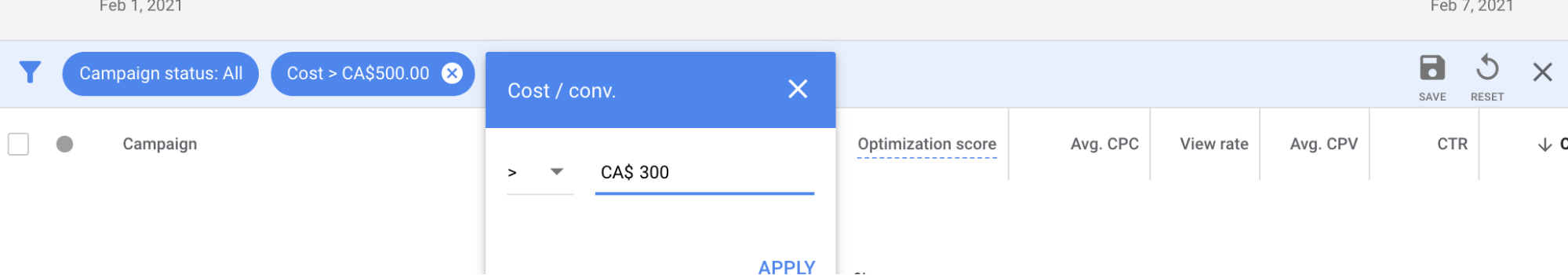 Impostazione del filtro costo/conv per lo script di aumento dell'offerta di Google Ads
