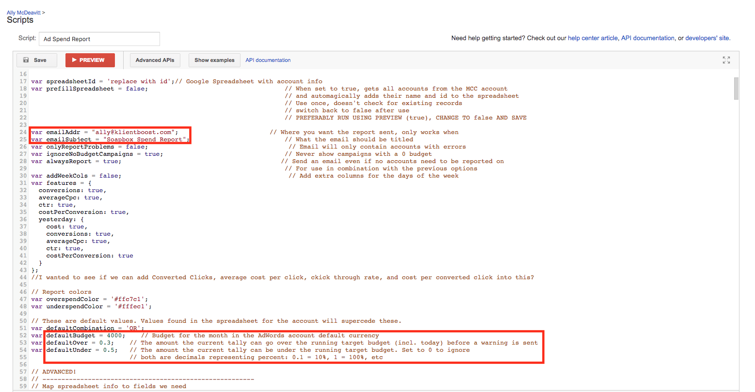 Rapporto sulla spesa pubblicitaria Script di Google Ads