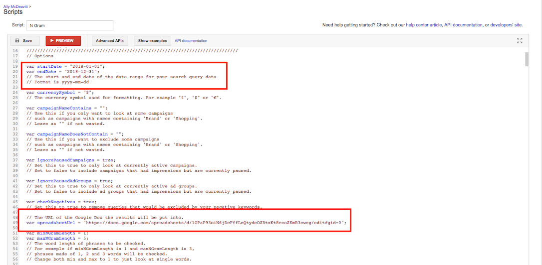 Script di annunci Google N-Gram
