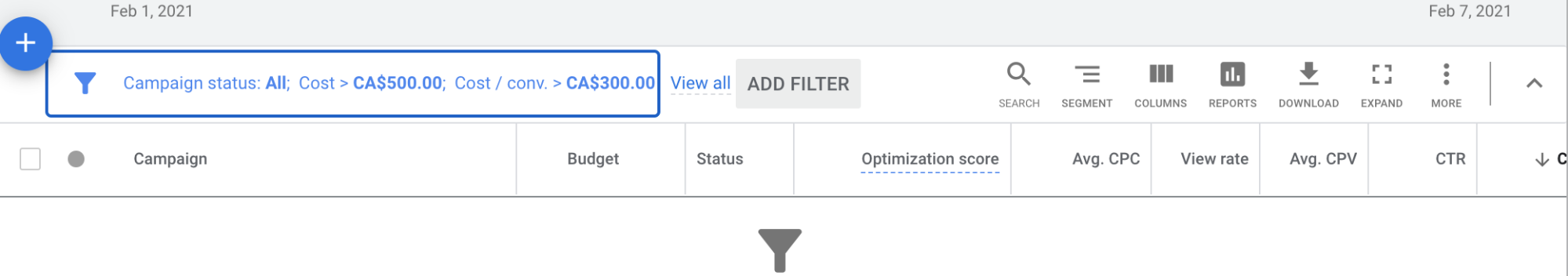 Impostazione dei filtri per lo script di Google Ads