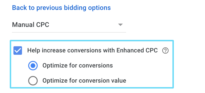 Setelan BPKC Google Ads dalam penawaran BPK manual