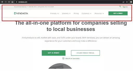 Vendasta-Navigationslayout als Beispiel für gute Tipps zum Website-Design