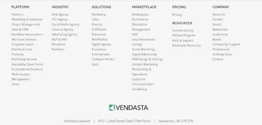 Die Verwendung einer Mega-Fußzeile, wie Sie sie auf der Vendasta-Website finden können, ist einer der besten Tipps zum Website-Design