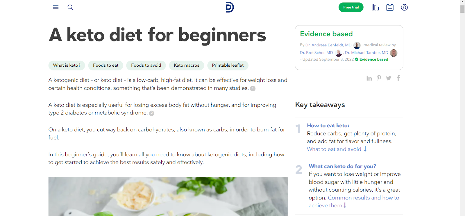 Diet Doctors의 콘텐츠 필라 페이지 예시 스크린샷