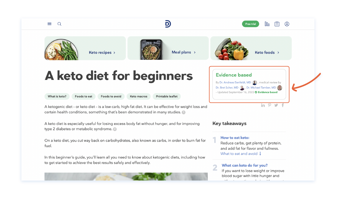 Diet Doctors의 콘텐츠 필라 페이지 캐치 프레이즈 스크린샷