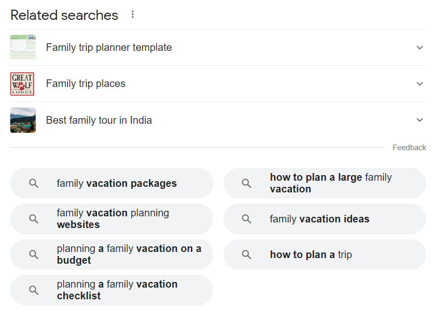 家庭旅行计划的 Google 相关搜索部分的屏幕截图