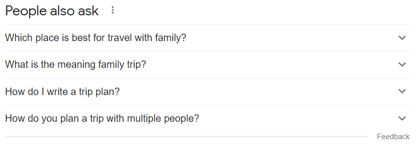 Google People Also Ask 家庭旅行计划部分的屏幕截图