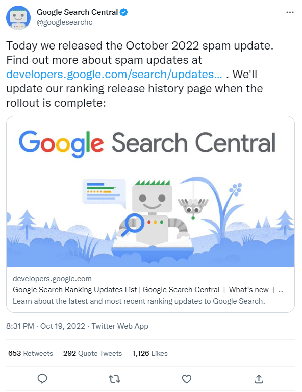 Tangkapan layar Tweet Pembaruan Spam Google Search Central 22 Okt