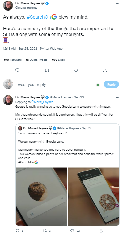 Tangkapan layar utas Twitter tentang Google Search On 22