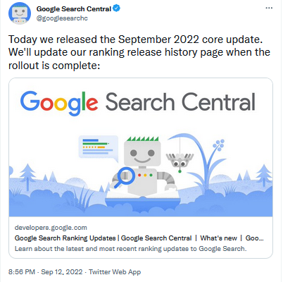 Mise à jour principale de septembre 2022 par Google