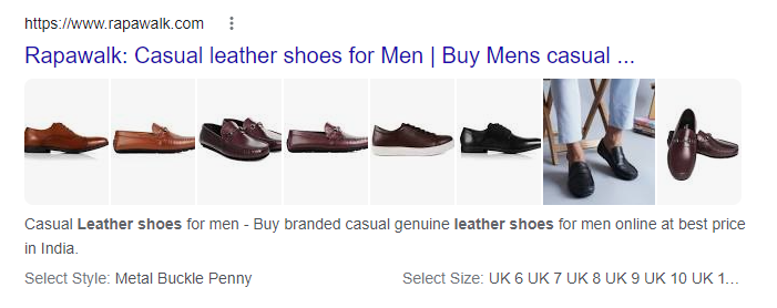 Capture d'écran d'un extrait de produit des résultats de recherche pour chaussures en cuir.