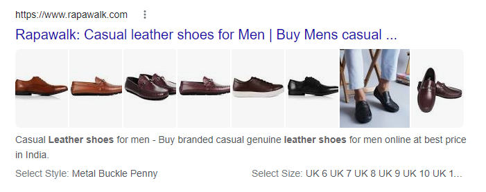 Screenshot eines Produktausschnitts aus den Suchergebnissen für Lederschuhe.