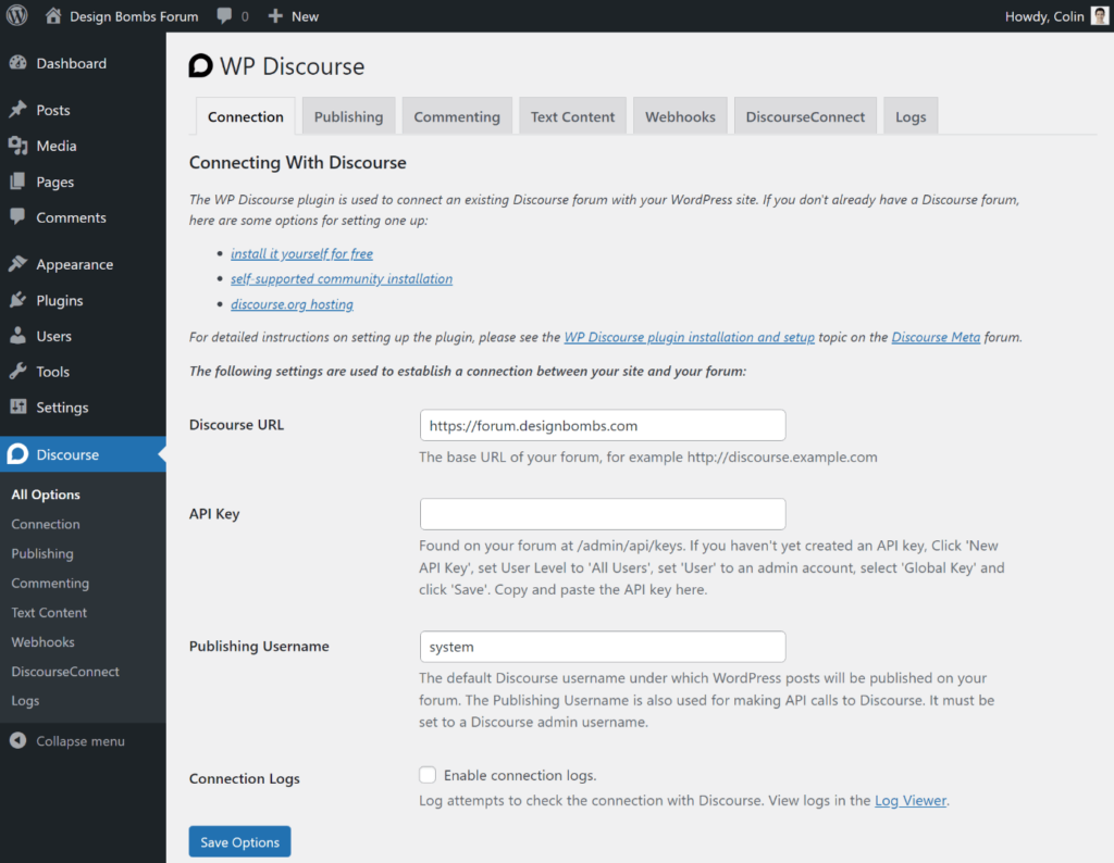 Paramètres du plug-in de forum WordPress Discourse