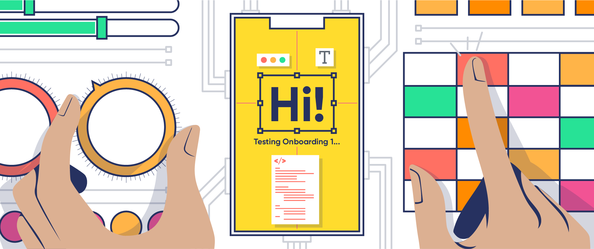 Abbildung zeigt einen Vermarkter, der Onboarding-Steuerelemente in einer mobilen App testet. Auf dem Bildschirm steht „Hallo! Onboarding testen“.