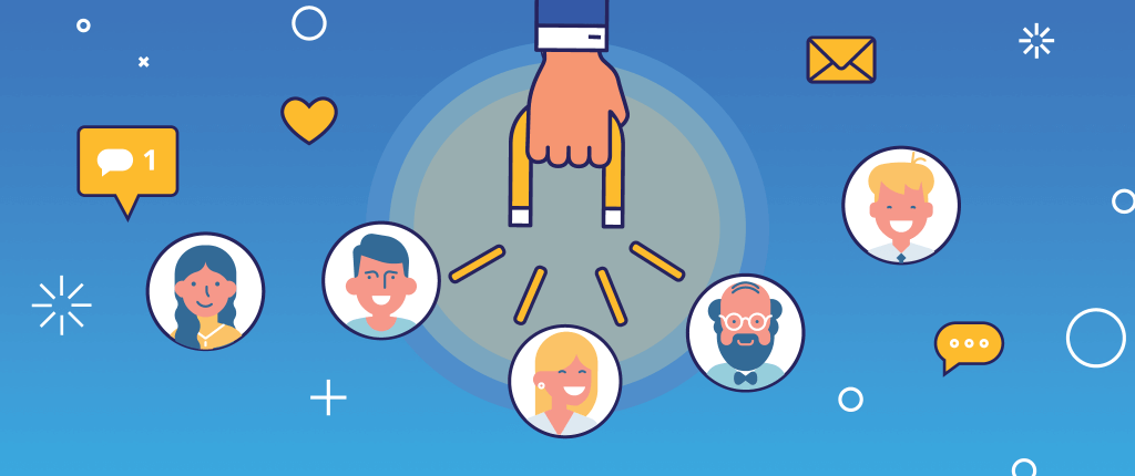 Onboarding 2022 - Illustration einer Hand, die einen Magneten hält, der 3 Personen anzieht.
