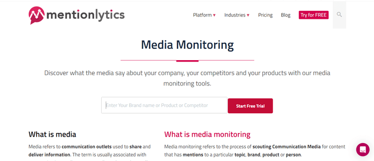 Pagina di monitoraggio dei media e delle notizie di Mentionlytics