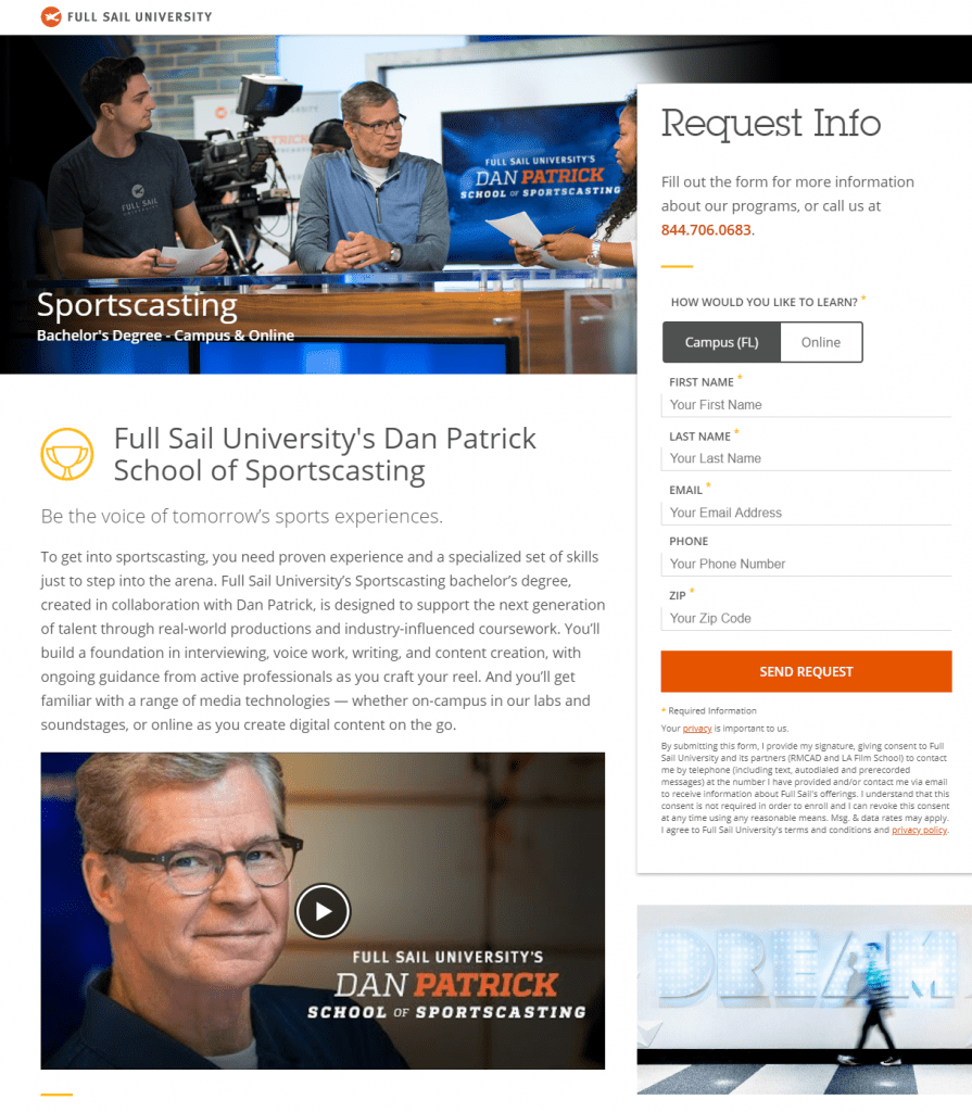 Full Sail University School of Sportscasting açılış sayfası örneği