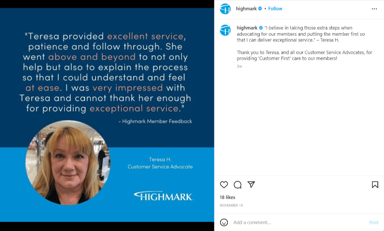 ヘルスケア スタッフに関する Highmark ソーシャル メディアの投稿
