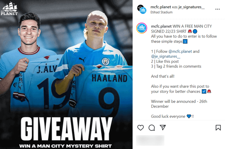 Una captura de pantalla de los sorteos de Instagram de Mancity Planet