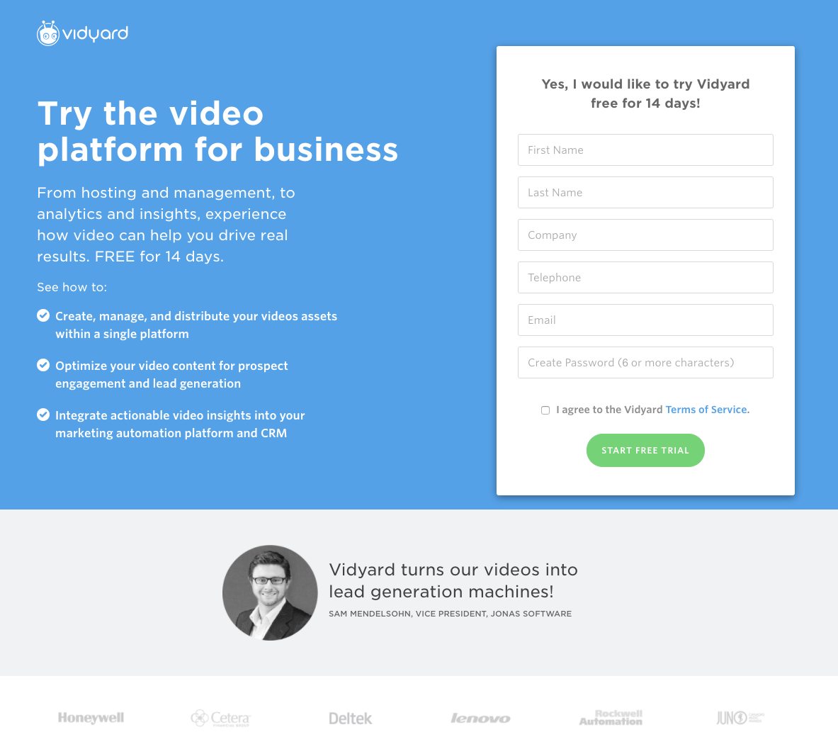 这张图片向营销人员展示了 Vidyard 如何使用有说服力的点击后登陆页面文案来说服访问者开始 14 天的免费试用。