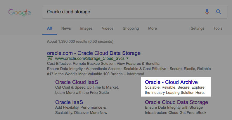Oracle ポストクリック ランディング ページの Google 広告拡張機能の見出しリンク