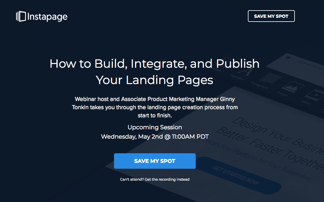 Instapage webinar post clic pe pagina de destinație