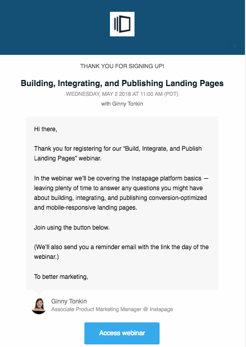 Captura de ecran arată un e-mail de mulțumire pe care vizitatorii îl primesc după ce se înscriu la webinar