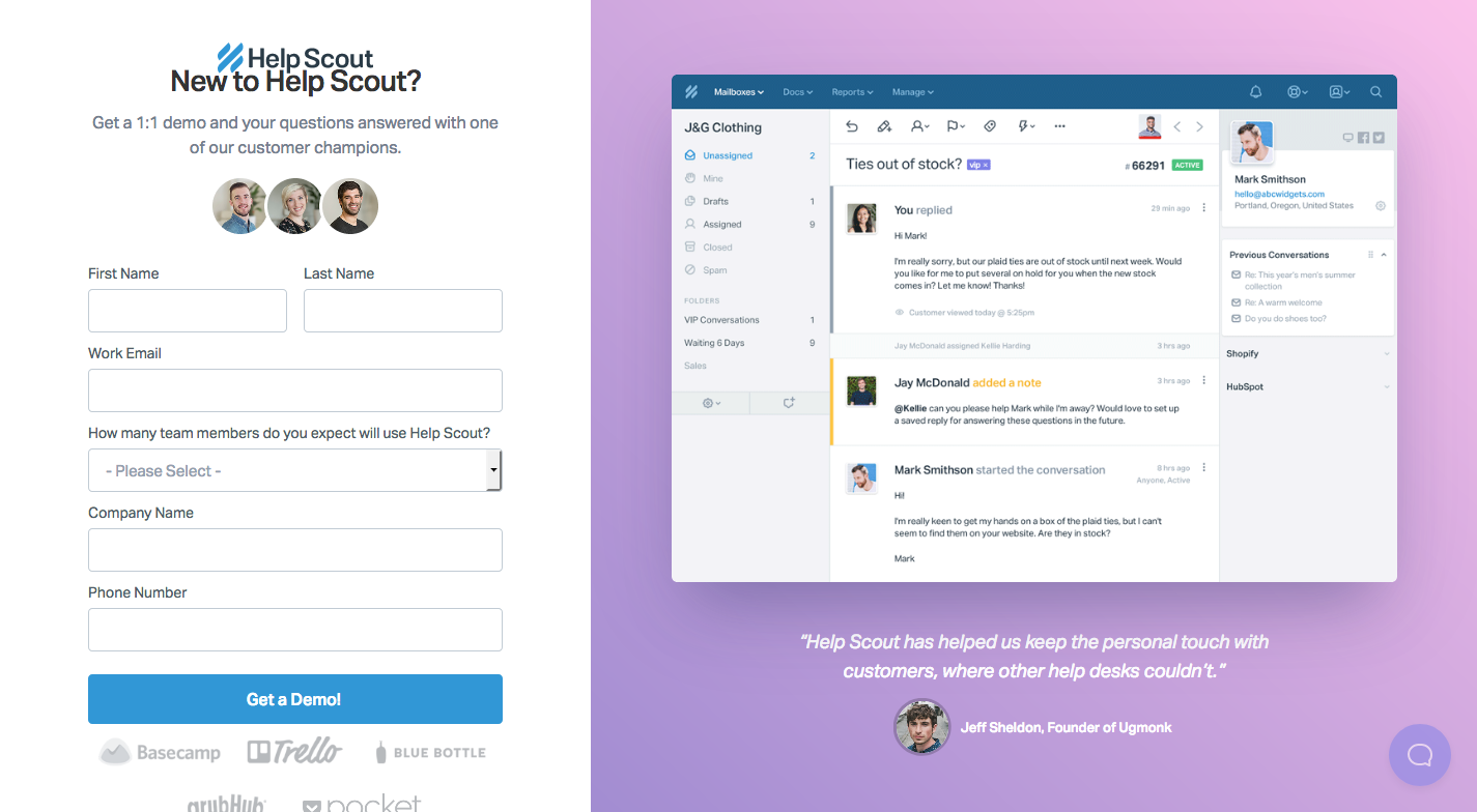 Exemplu de pagină de destinație pentru post-clic HelpScout