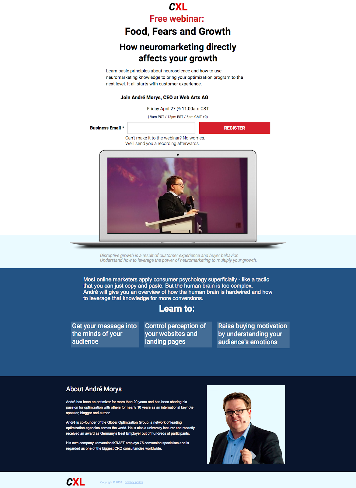 Captura de ecran arată un exemplu de pagina de destinație CXL webinar post clic
