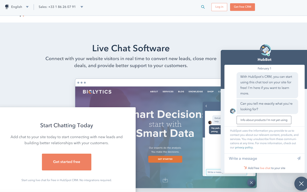 Chat live HubSpot de personalizare comerț electronic