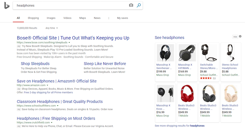 Posicionamento lateral dos anúncios da lista de produtos do Bing