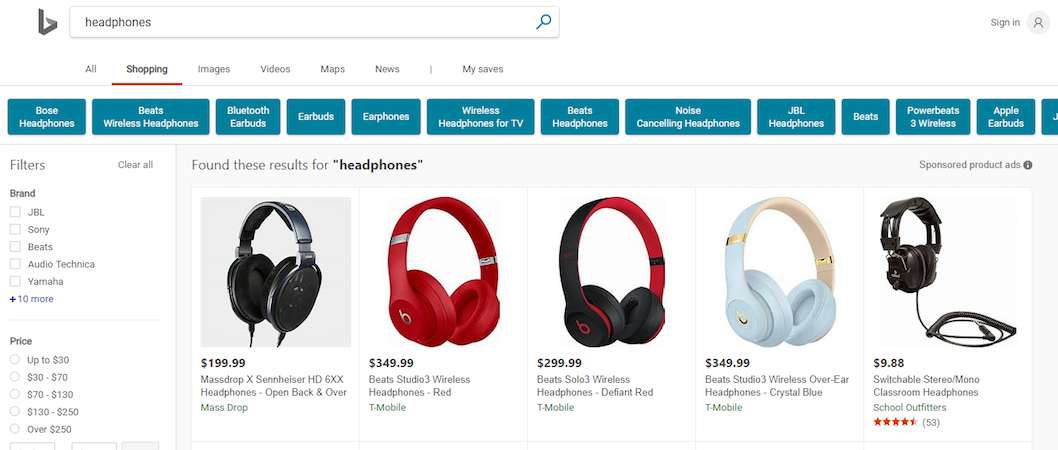 Guia de compras dos anúncios da lista de produtos do Bing