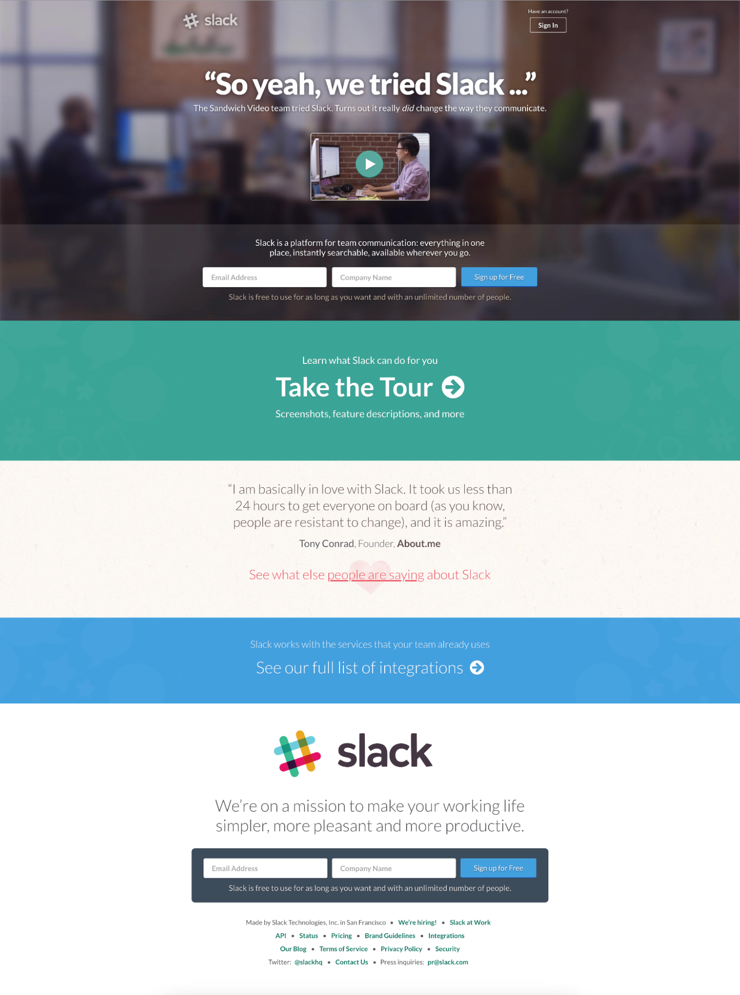 Slack 버전 2 랜딩 페이지
