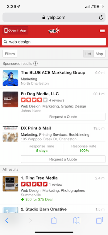 Yelp vs penempatan seluler Google Ads